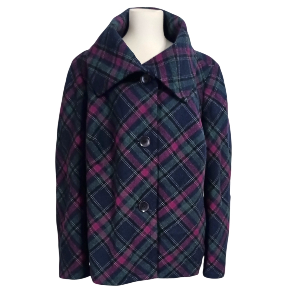 Talbots Plaid Wool Blend Jacket 18W Pea Coat Pocket Swing Lined Oversized Collar - Picture 12 of 16